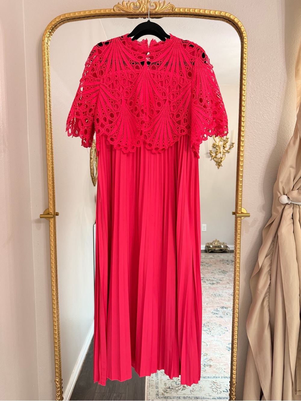 SHEIN Hot Pink Crochet Yoke Pleated Midi Dress